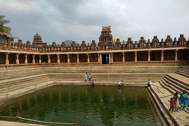 Holy Pushkarni (temple water tank) at Bhoga Nandeeshwara Temple near Nandi Hills, surrounded by stone steps