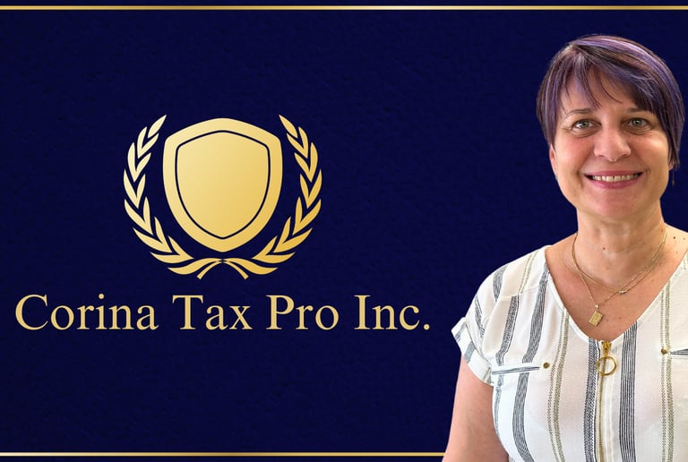 Corina in front of Corina Tax Pro Inc logo