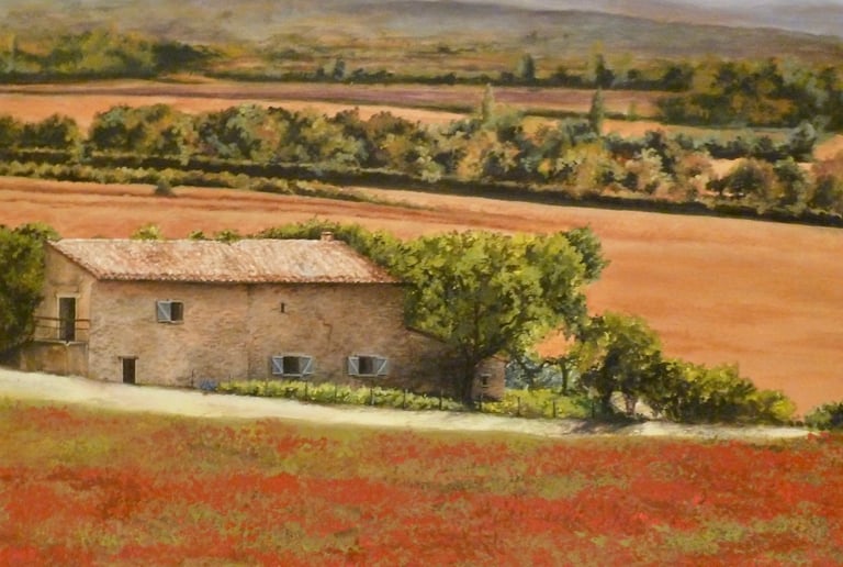 Détails d'une peinture de paysage méditérranéen, une maison en pierre entourée de champs.