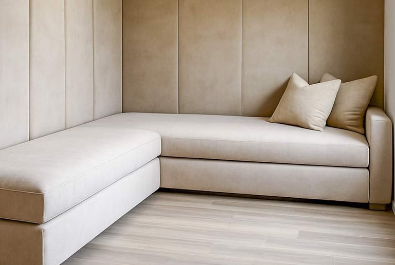 Custom bench seat sofa with a single long cushion by Solo Home Decor upholstered wall panels