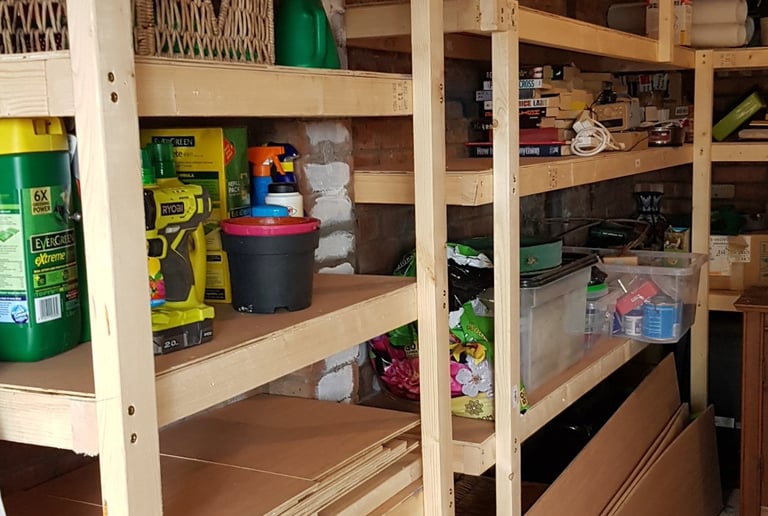 a garage with shelves