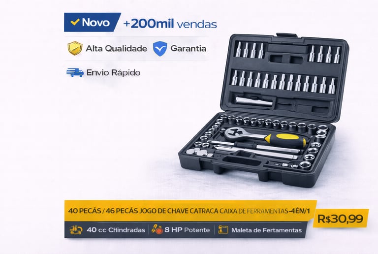 Jogo de chave catraca com 46 peças em maleta de ferramentas preta resistente.