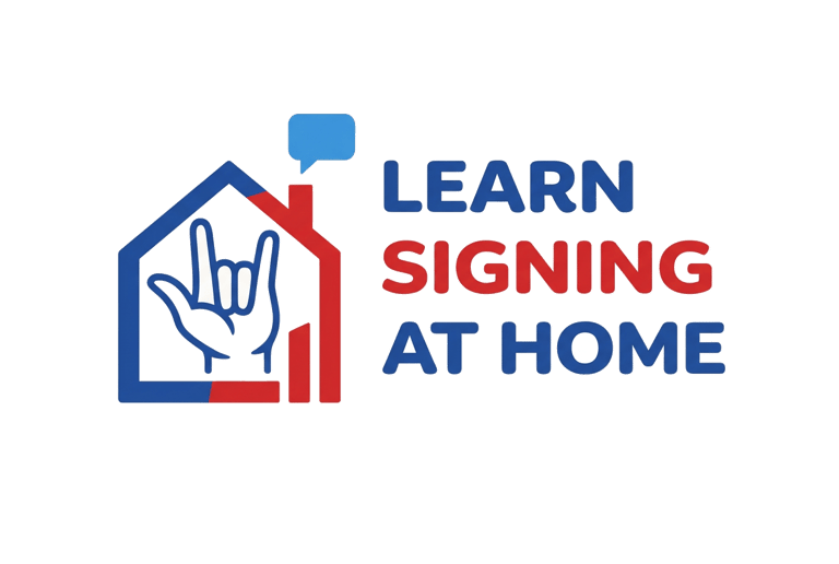 Learn Signing at Home logo featuring an ASL I Love You hand sign inside a house outline.