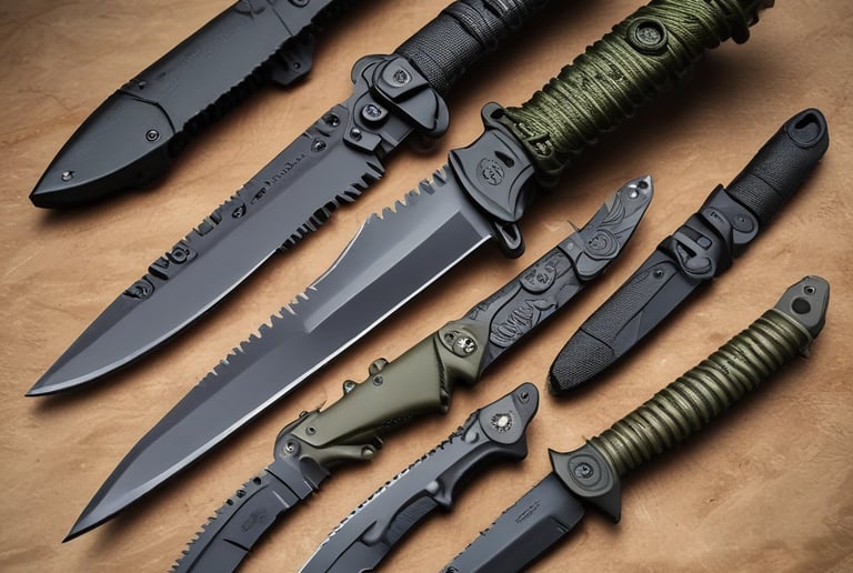 Elegant set of black-handled steak knives arranged neatly on a minimalist black slate tray.