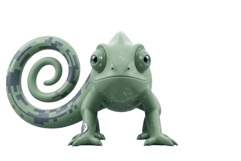 A 3D green chameleon character with a pixelated tail pattern on a white background.