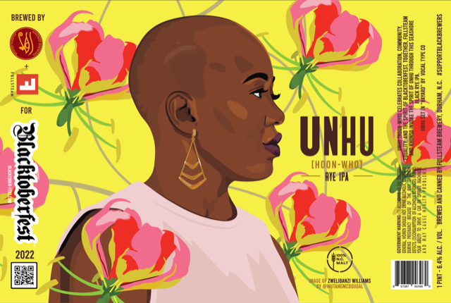 Unhu Rye IPA on a golden background with an African woman surrounded by floating flowers 