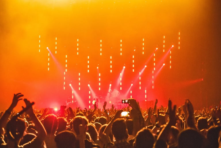 a crowd of people standing in front of a stage with bright lights