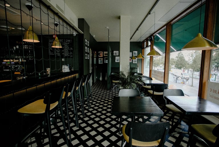 a restaurant with a checkered floor and a checkered floor