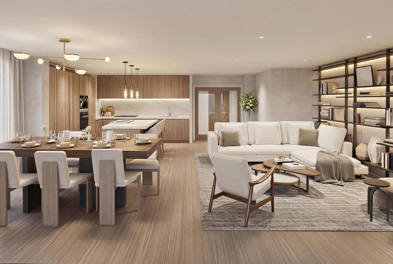 Ai generated image of a highend penthouse apartment in Poole Contemporary staging neutral tones