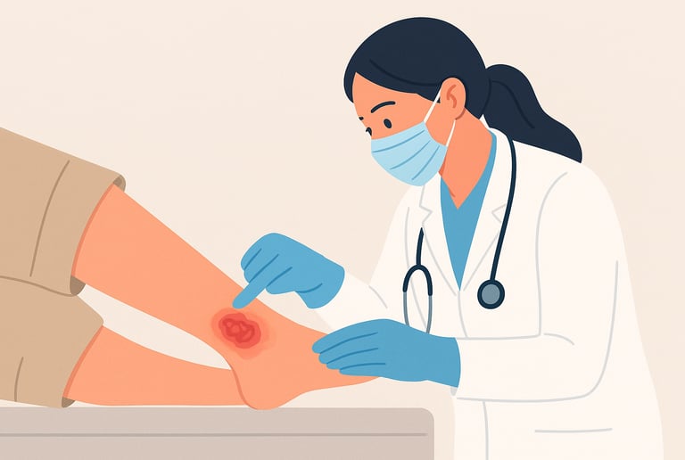 a medical professional assessing an ankle wound