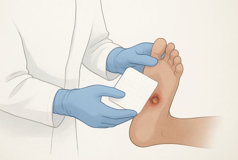 a medical professional applying a superabsorbant dressing onto a heavily exudating foot wound