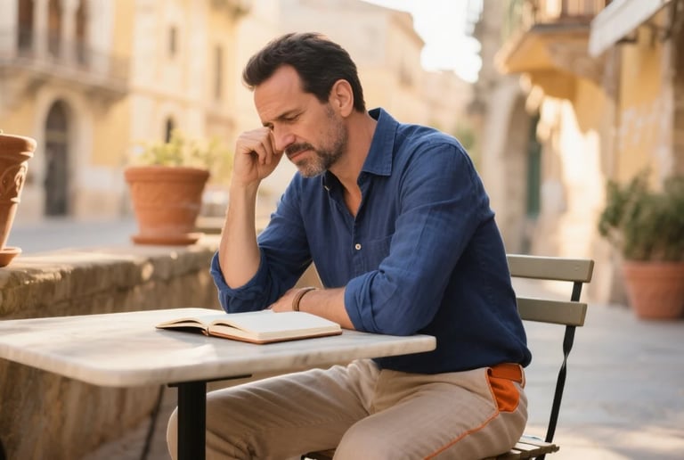 Man at table with book, looking frustrated, showing challenge of learning Spanish