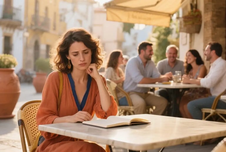 Woman feeling stuck studying Spanish at cafe, while a group happily converses in background