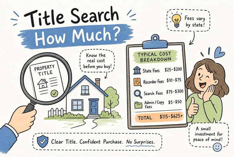 Infographic showing title search cost breakdown with typical state, recorder, and search fees.
