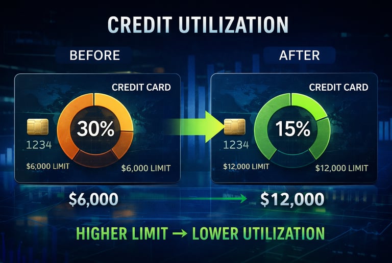 Side-by-side infographic showing a credit limit increase from $6,000 to $12,000 with the same balanc