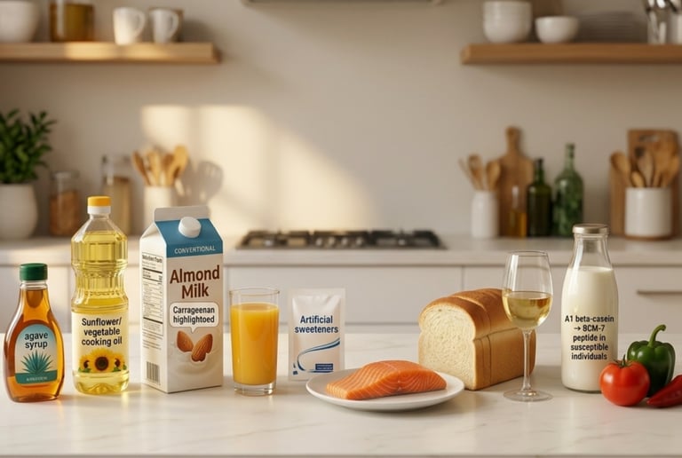 Kitchen counter with almond milk, vegetable oil, agave syrup, salmon, and bread for healthy meal planning.