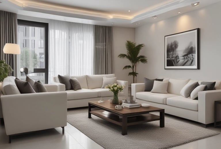A friendly cleaning professional carefully dusting a cozy living room bathed in natural light.