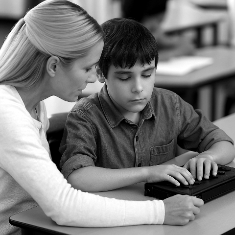 Nauczycielka pomaga niewidomemu uczniowi pisać na elektronicznym notatniku brajlowskim w klasie.