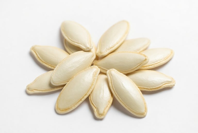 A cluster of dried white pumpkin seeds arranged in a circular pattern on a plain white background.