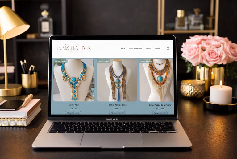 Handmade bohemian necklaces displayed on a website store on a laptop in a workspace.