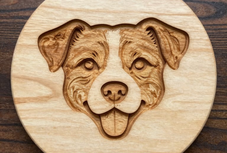 Custom wood carving of a smiling dog's face on a round timber plaque for pet memorial wall art.