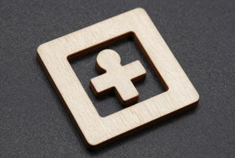 Laser cut wooden medical cross symbol inside a square frame on a dark textured background.
