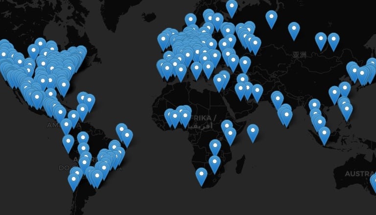 World map with blue location pin icons showing global listener locations.