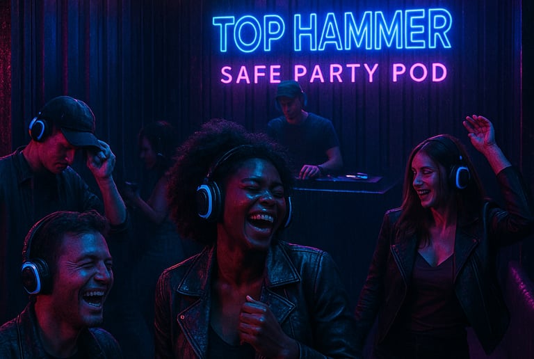 People dancing inside the Top Hammer Safe Party Pod during a trance DJ session.