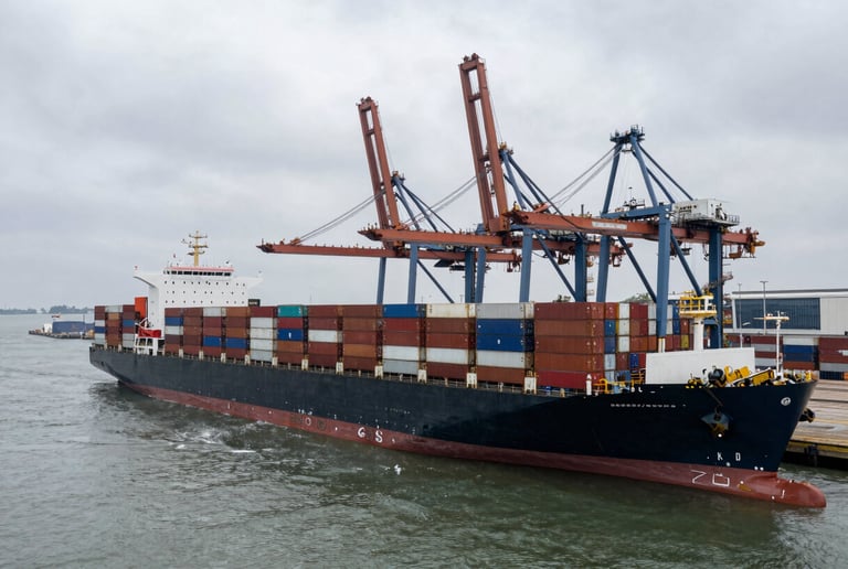 Wide-angle aerial shot of a massive container vessel docking at a modern deep-water port, overcast sky, industrial steel tones.