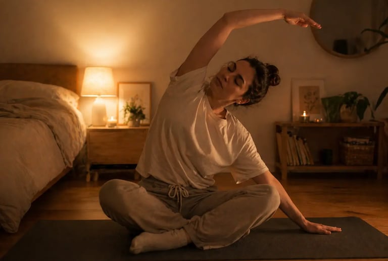 A woman doing a seated side stretch yoga pose on a mat in a dimly lit, cozy bedroom.
