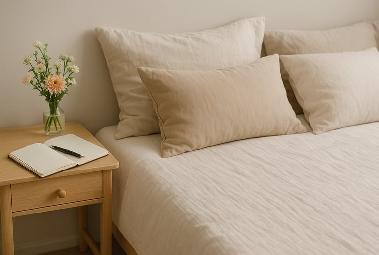 Cozy recovery space: a bed with soft pillows, a notebook and pen on a nightstand, and a small vase.