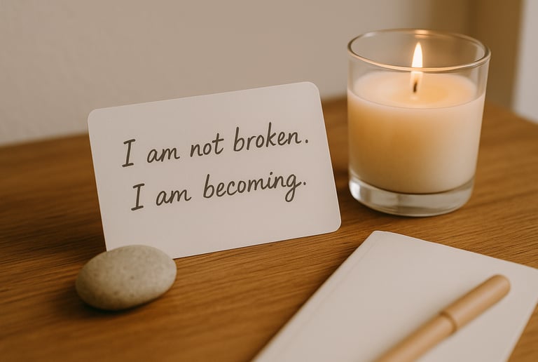 A hand-written note on a bedside table “I am not broken. I am becoming.” next to a candle.