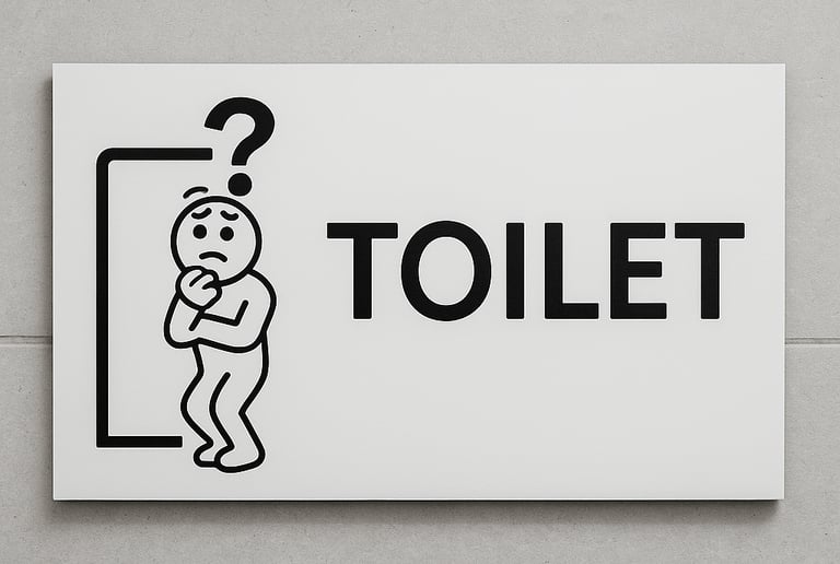 a modern restroom sign that says “Toilet” and a confused figure of a person