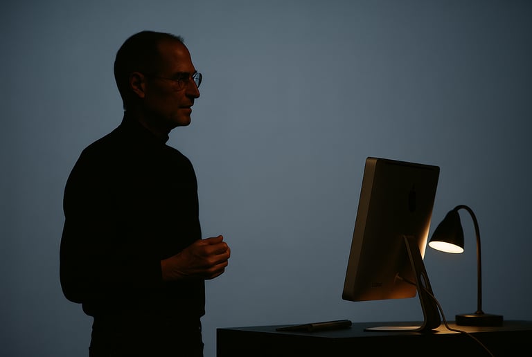 Steve Jobs silhouette onstage or his famous desk with the single lamp