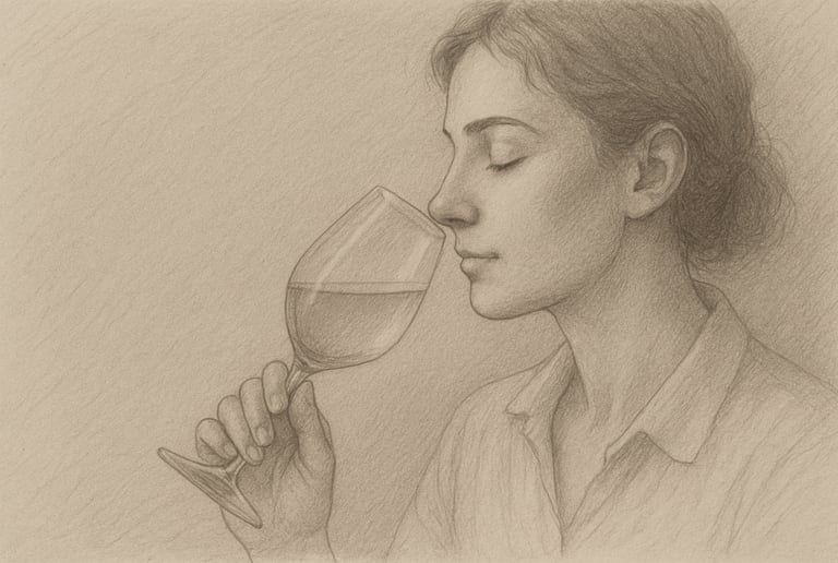 A sketch of a woman smelling a glass of wine, eyes closed, lost in thought – sensory, reflective