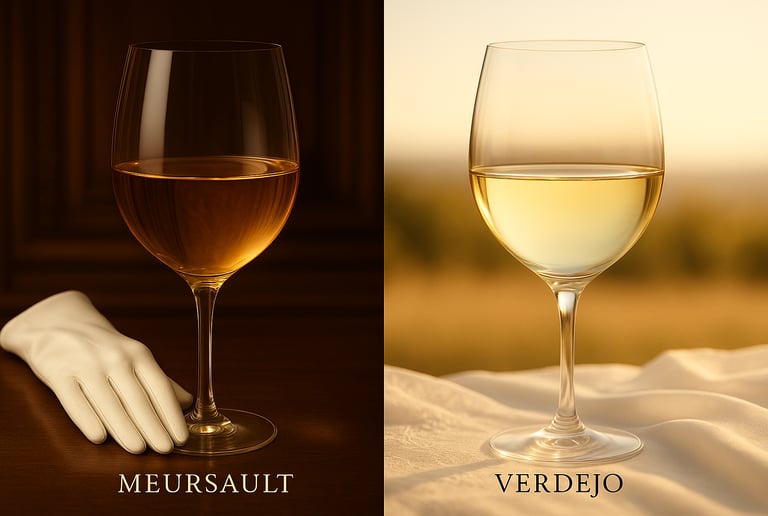 A glass of Meursault and a glass of verdejo sobre lias