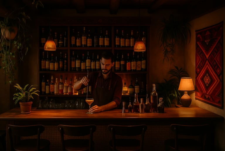 A bar with Peruvian decor with warm light, and a bartender preparing an elegant cocktail