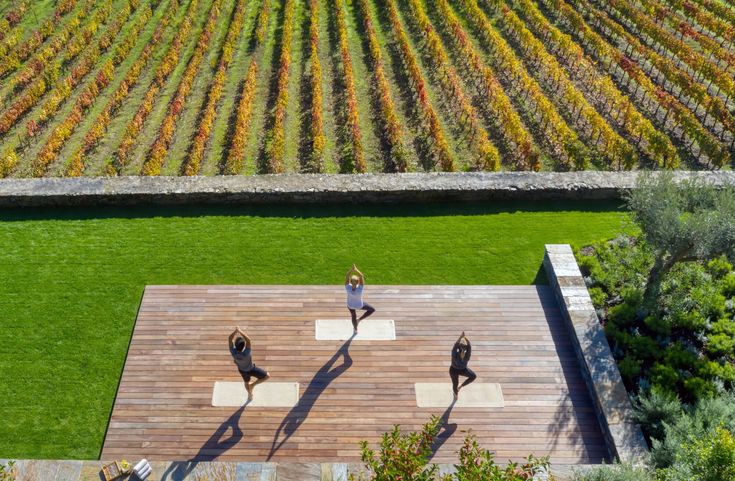 a group yoga class on an out door deck overlooking a grass field