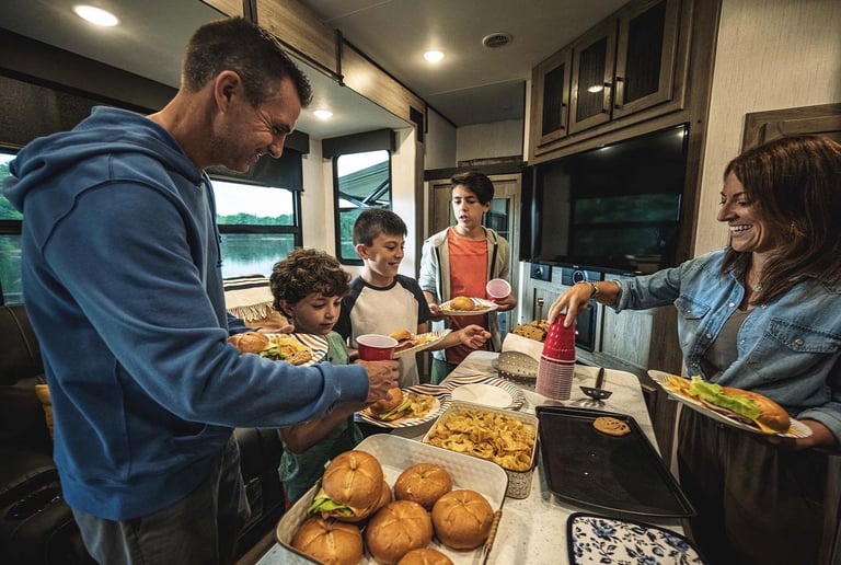 a man, woman, and three children eating a meal in an RV