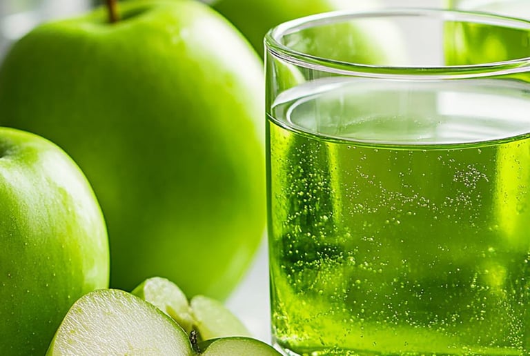 Fresh green apple juice in a glass with sliced Granny Smith apples on a table.