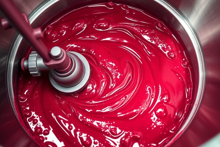 Industrial mixer blending vibrant red berry liquid paint in a stainless steel vat for manufacturing.