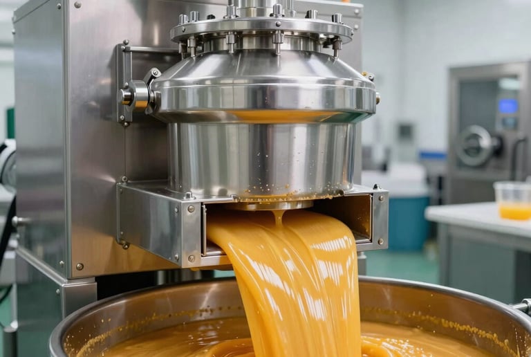 Industrial stainless steel food processing machine pouring orange sauce into a large mixing bowl.