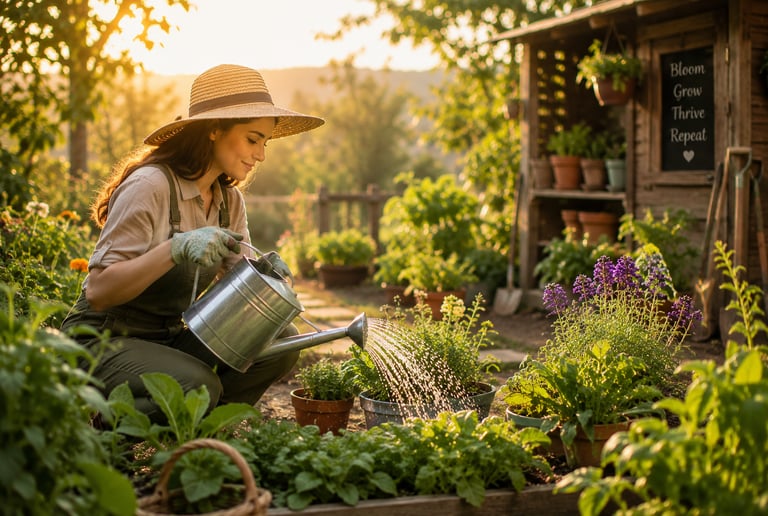 Beginner gardener watering healthy vegetable and flower plants in a sunny home garden
