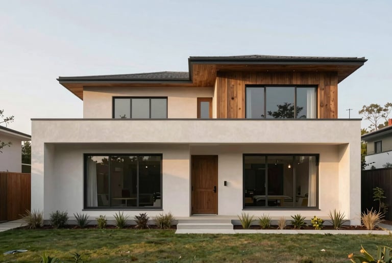 Straight-on architectural photography of a modern home exterior integrated with its land, soft natural daylight, muted earth tones, clean lines.