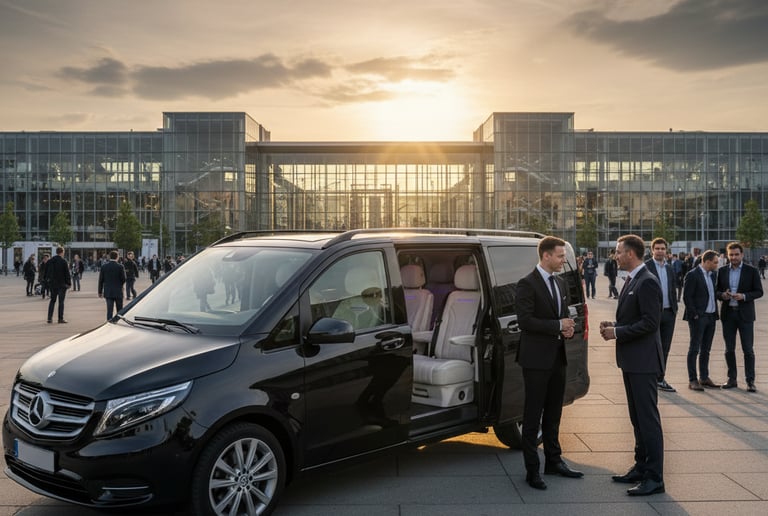 Exklusiver VIP-Shuttleservice Berlin: Schwarzer Mercedes Vito mit gehobener Ausstattung vor Messe.