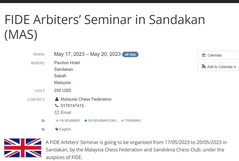 FA Seminar 2023 Conducted By The Sandokan Chess Club in Sabah, Malaysia. 