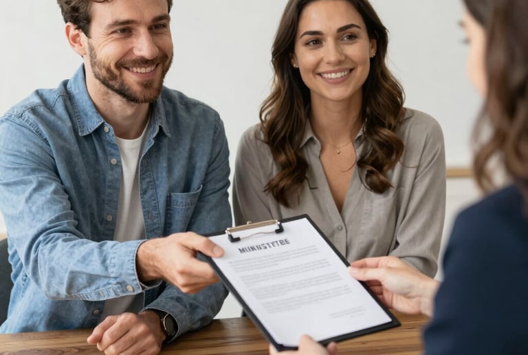 A professional agent explaining rental guarantee options to a young couple in a modern office.