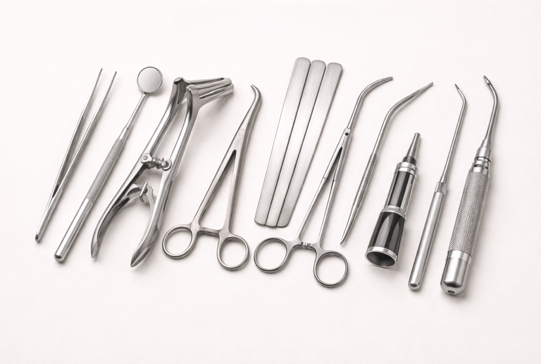 ENT instruments like forceps, probes, and curettes on a white background.