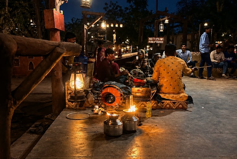 Musicians playing traditional Indian folk instruments at a night outdoor cultural event with lanterns.