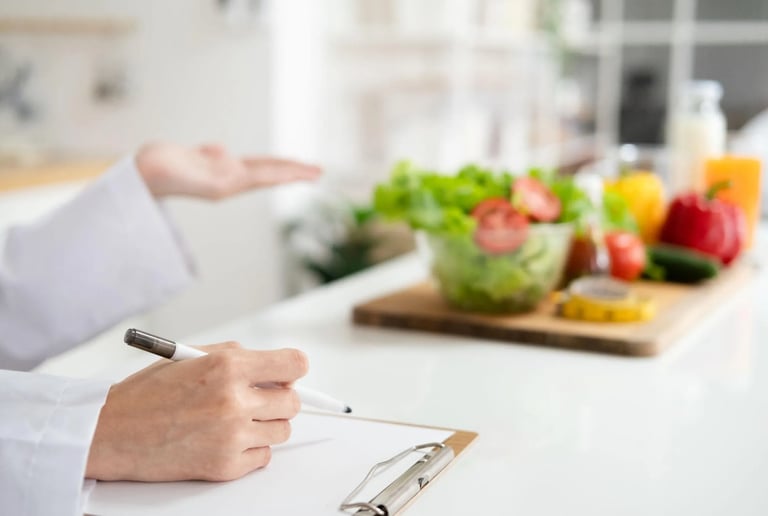 Personne écrivant sur un carnet devant une table avec des aliments frais